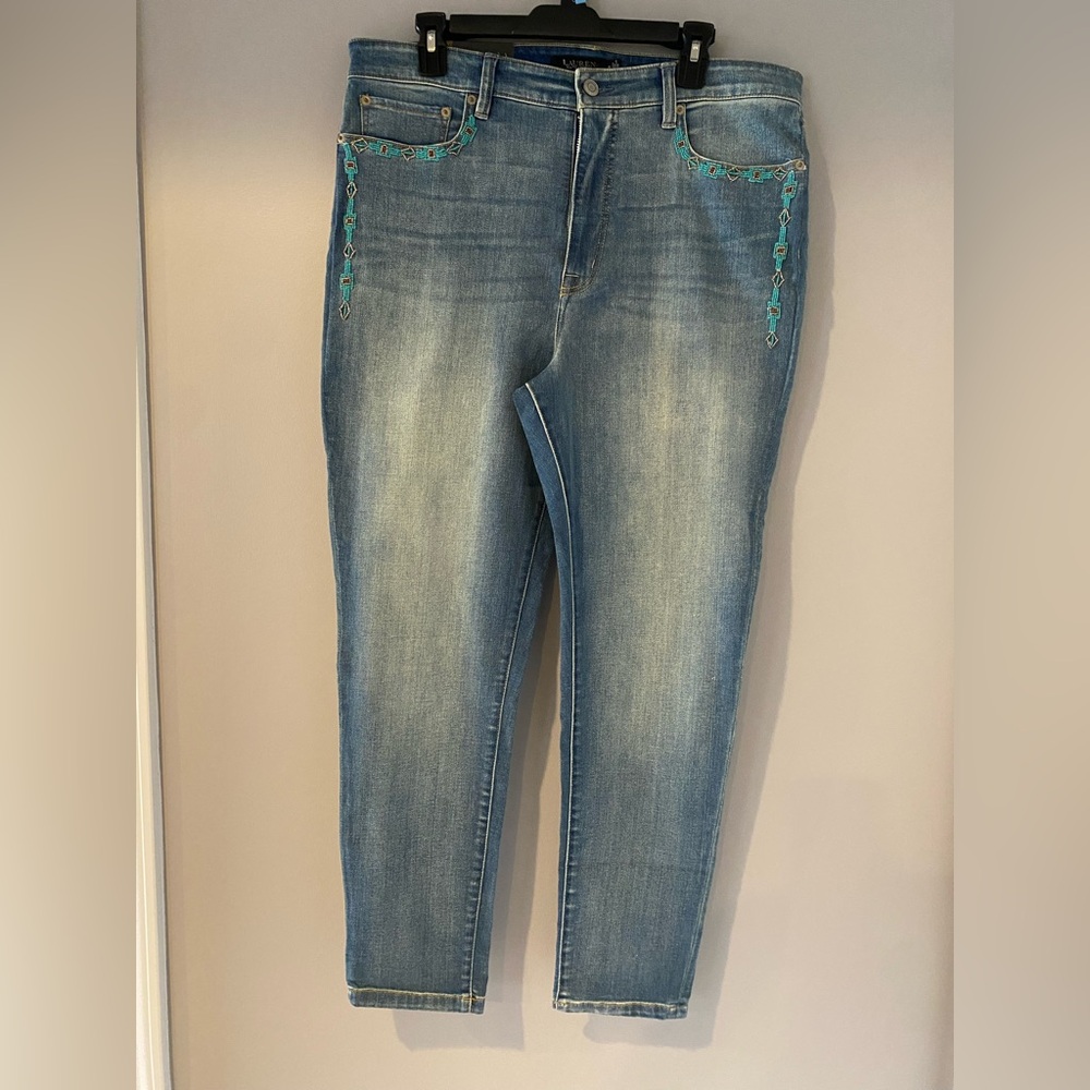 Ralph Lauren Blue Skinny Jeans with Turquoise Embroidery